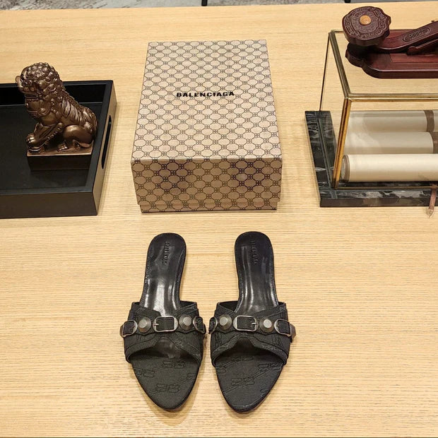 Balenciaga 26s Flat Slippers Black Canvas Leather 681306
