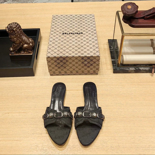 Balenciaga 26s Flat Slippers Black Canvas Leather 681306