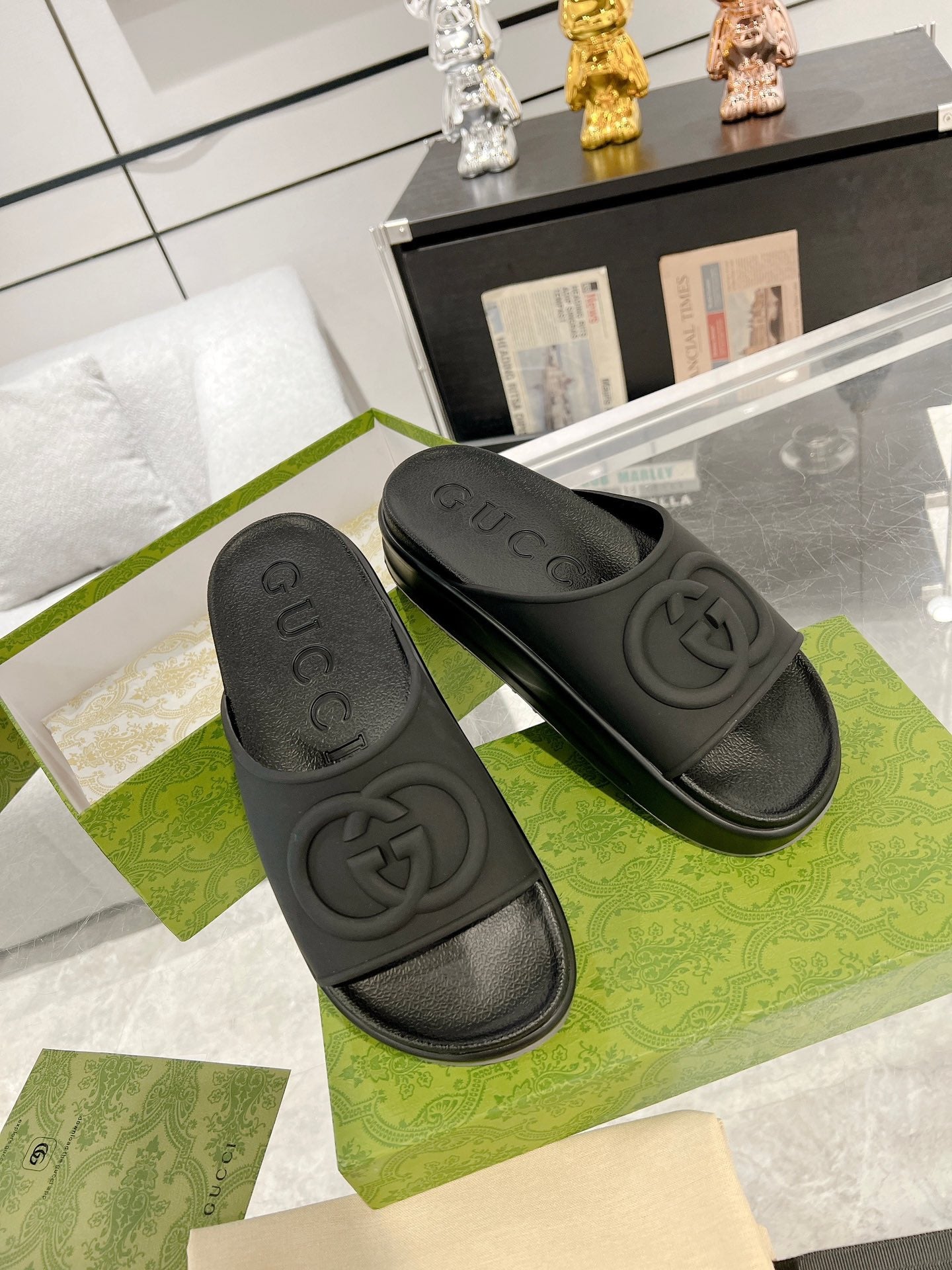 GC 25 Interlocking G 50mm Slide Sandal Black Cowhide 292380