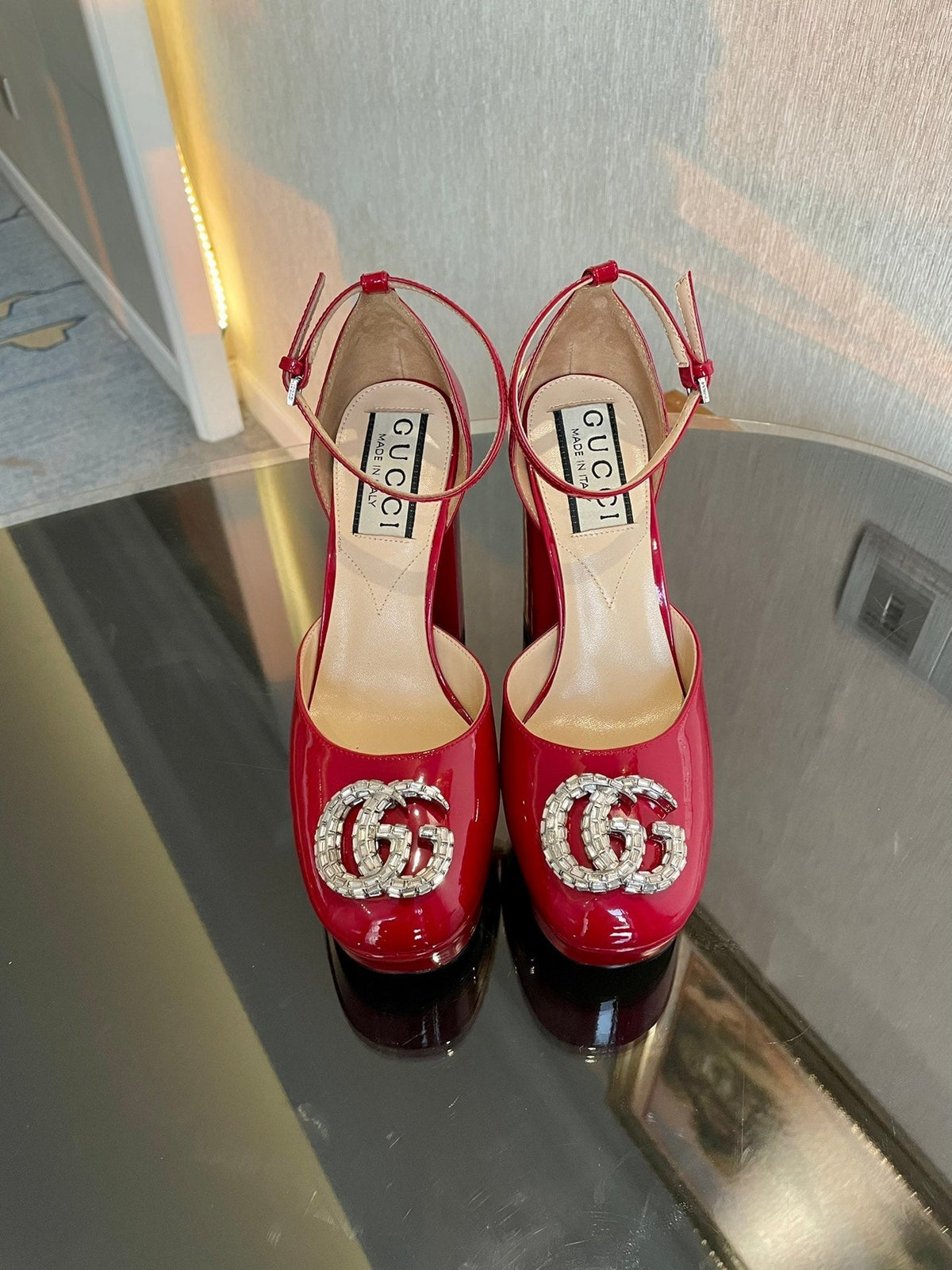 platform pump 12cm with double g red patent leather