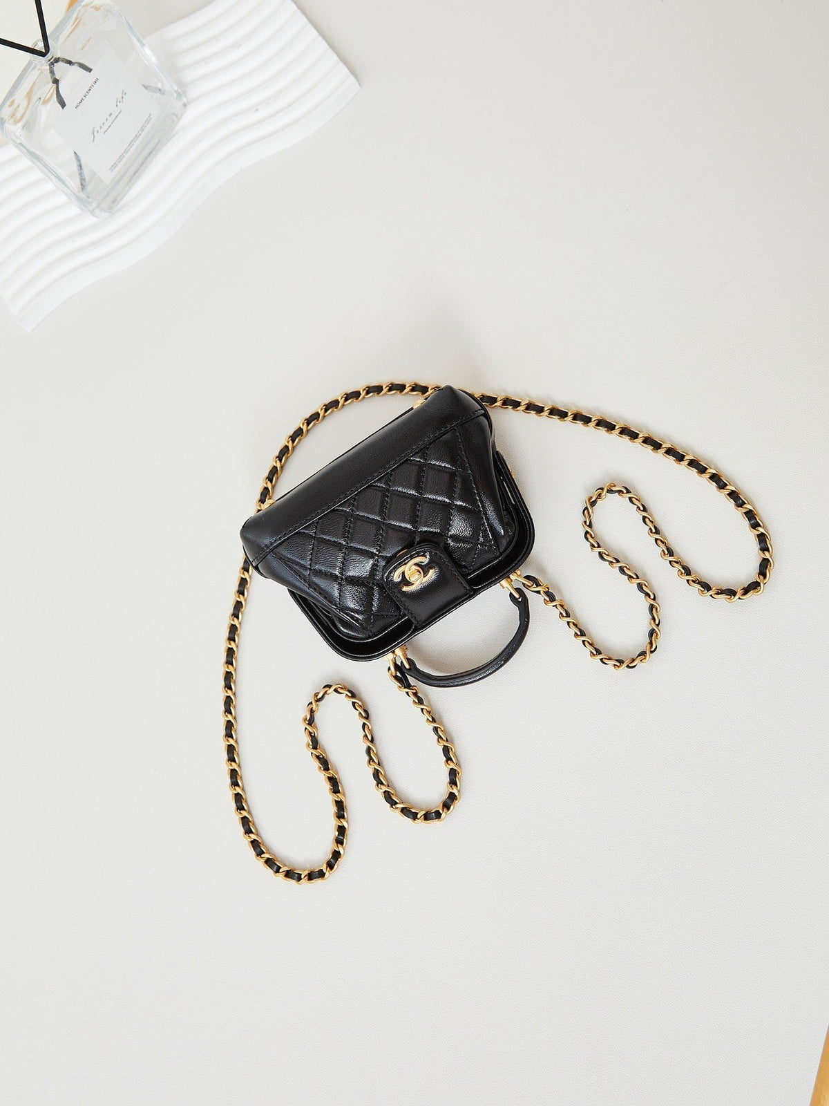 CC 24A Mini Top Handle 13cm Black Wax Leather Gold Hardware 238455