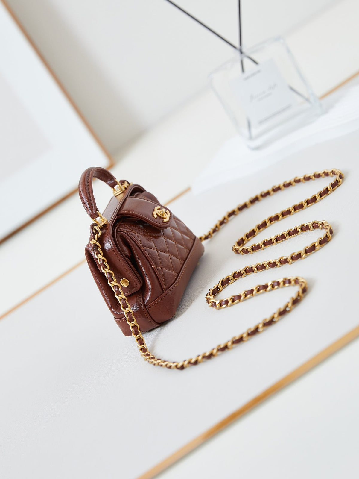 CC 24A Mini Top Handle 13cm Brown Wax Leather Gold Hardware 238463