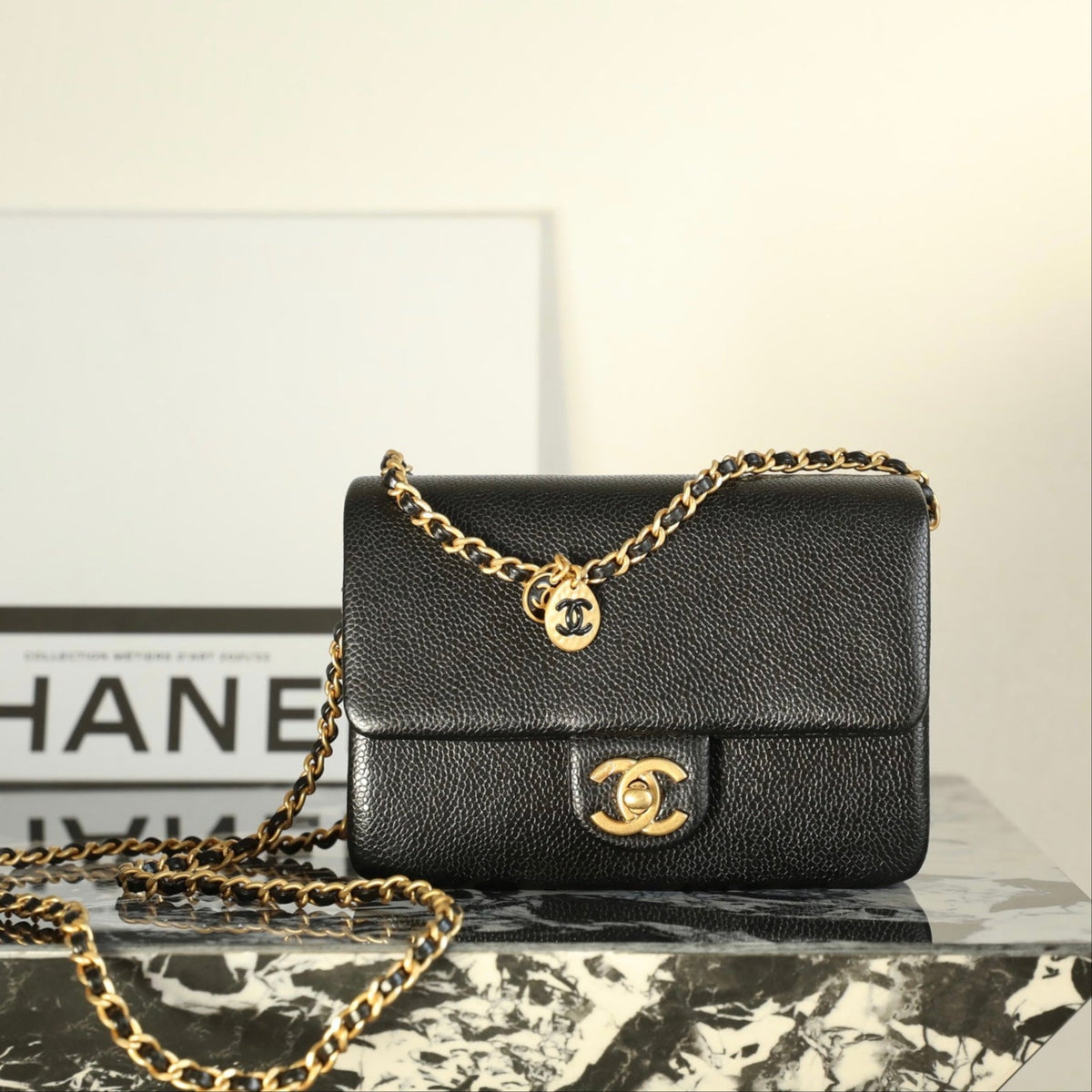 CC Caviar Flap Bag 17.5 Gold Logo Black Calfskin