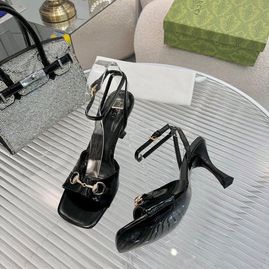GG Gold Buckle Sandal 80mm Black Patent Leather 457555