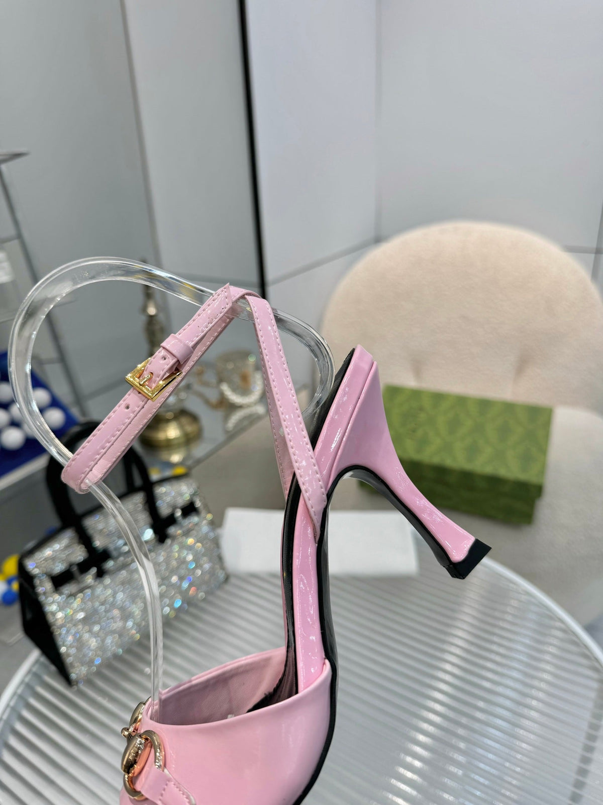 GG Gold Buckle Sandal 80mm Light Pink Patent Leather 457556