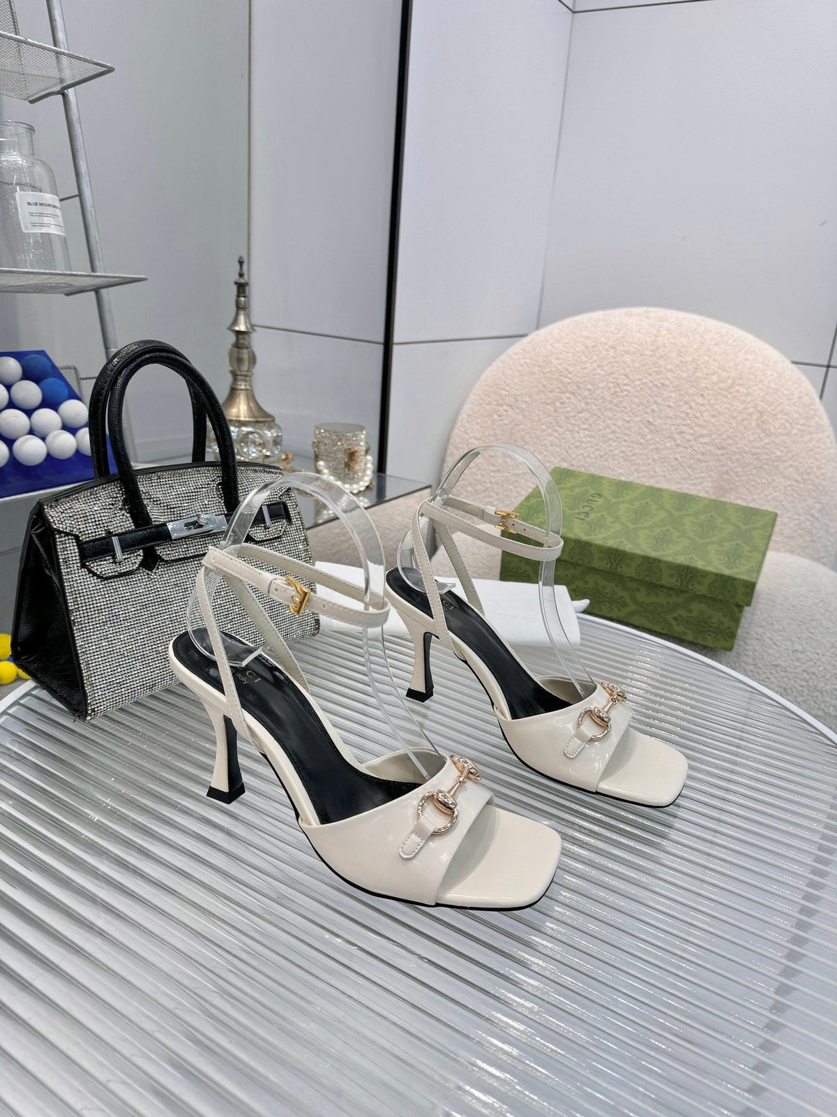 GG Gold Buckle Sandal 80mm Cream Patent Leather 457559