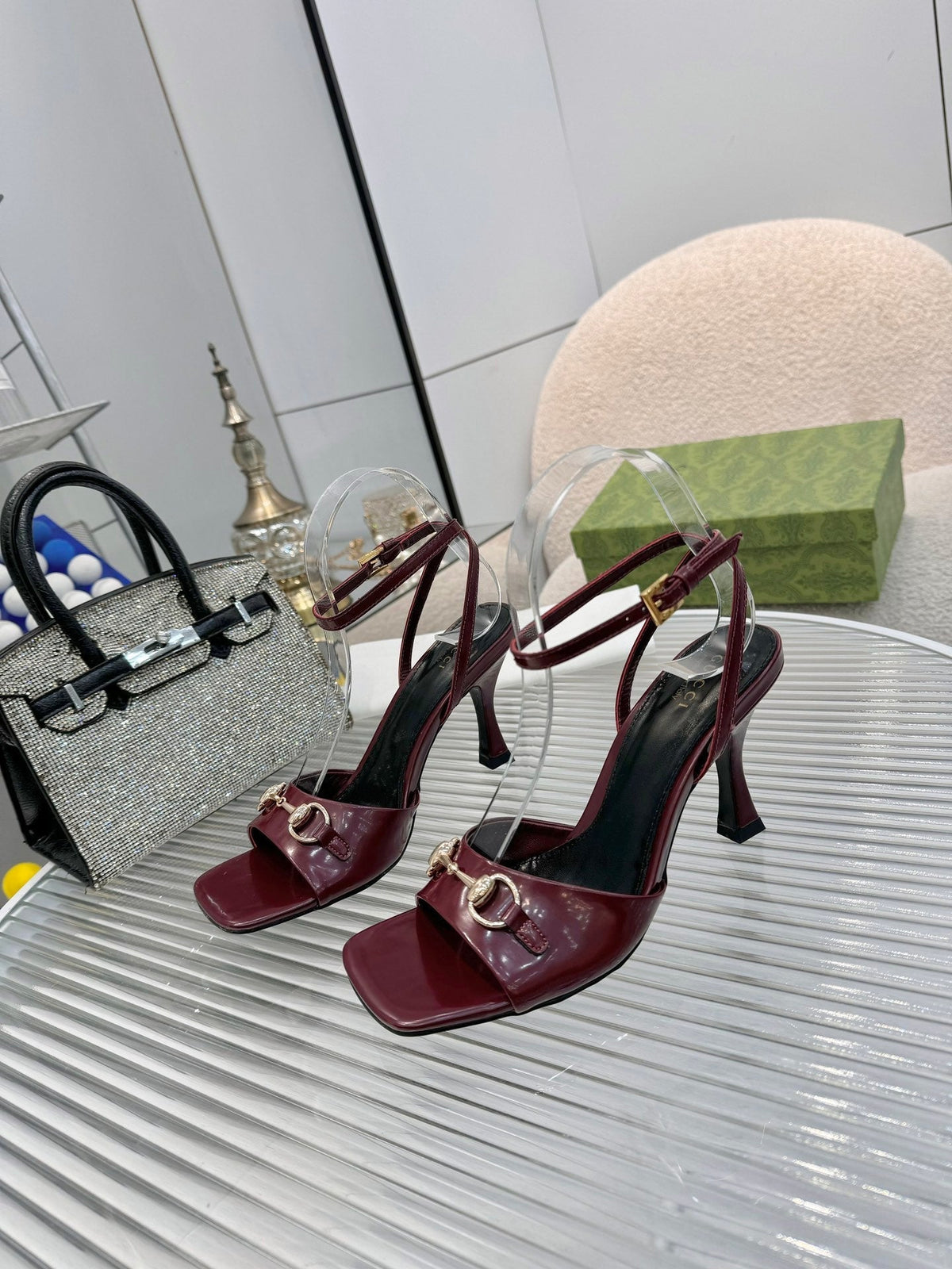 GG Gold Buckle Sandal 80mm Burgundy Patent Leather 457560