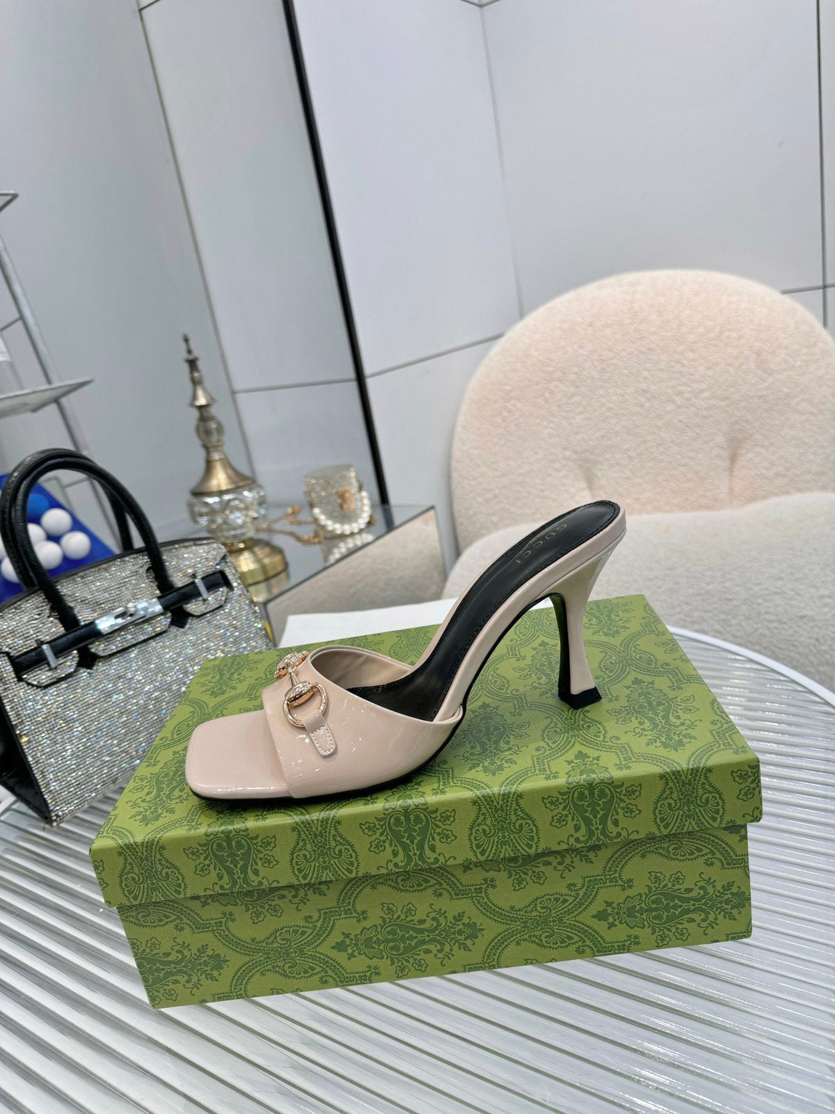 GG Gold Buckle Slide Sandal 80mm Beige Patent Leather 457561