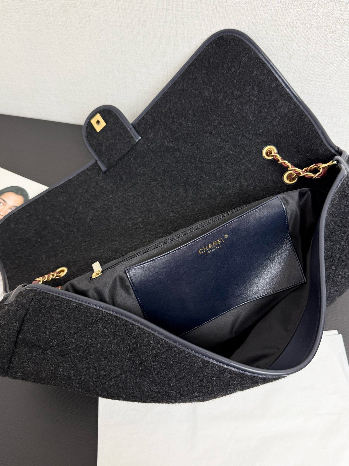Chanel 2025 Maxi Flap Bag With Top Handle 56cm Black Wool Leather
