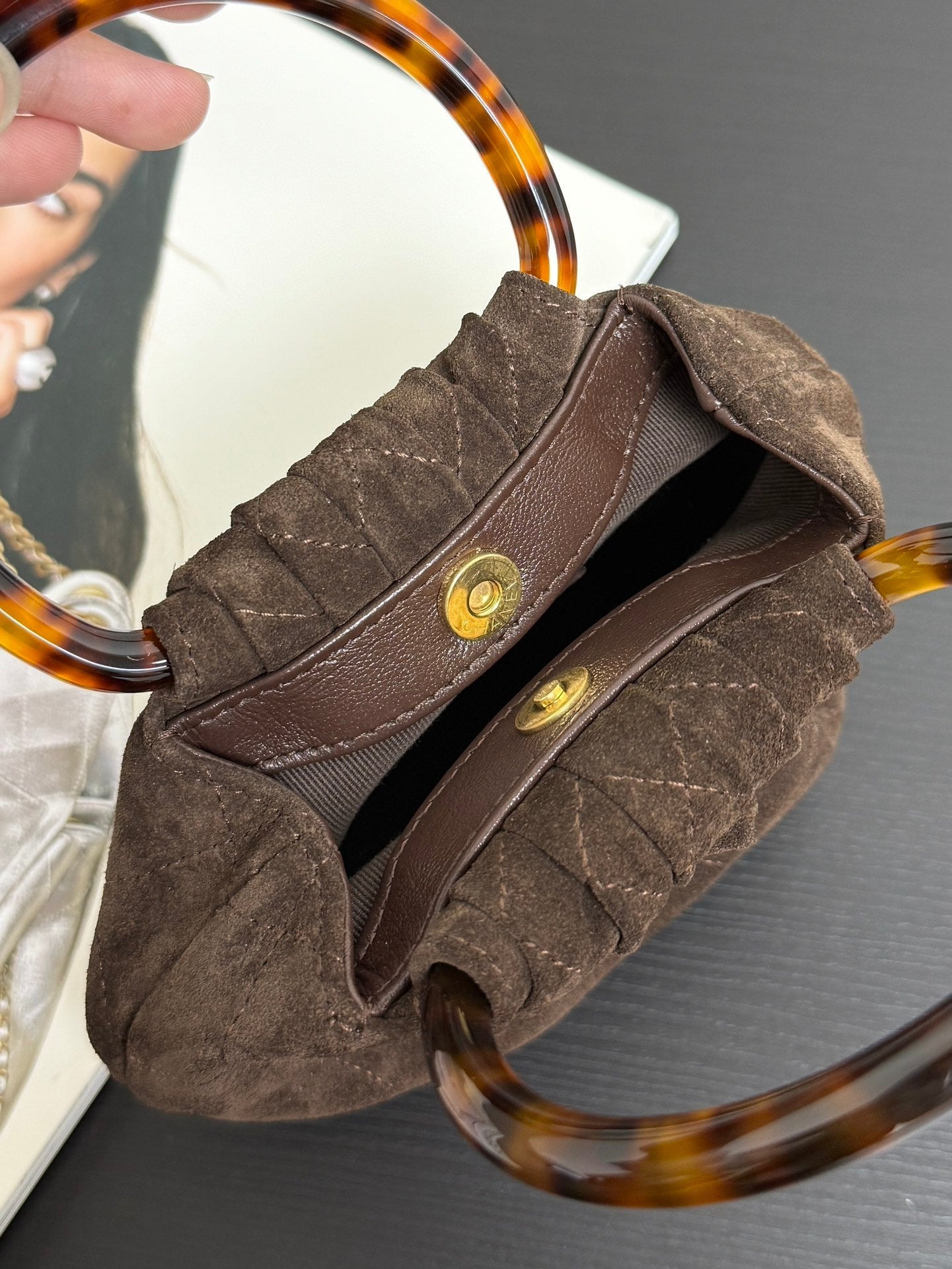 Chanel 2026 Pouch 24cm Chocolate Tortoiseshell Suede Effect Plexi