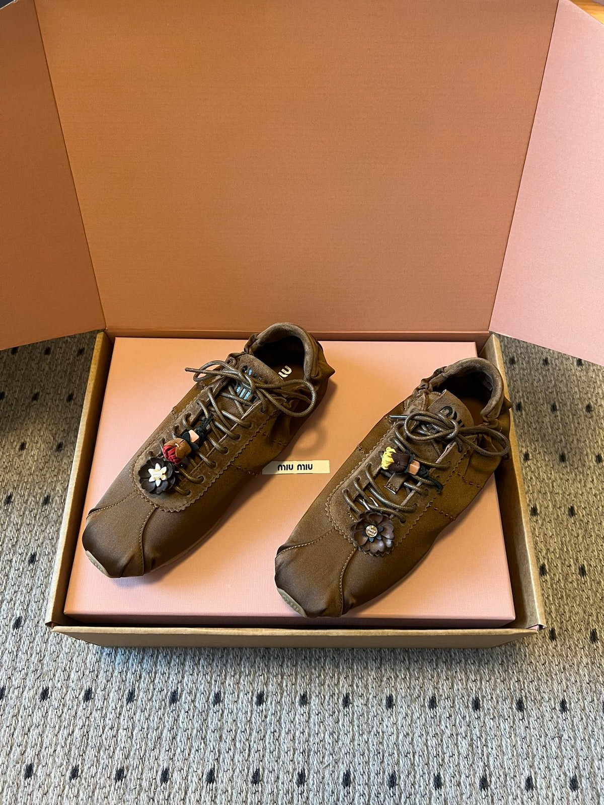 Miu Miu 2026  Plume Sneaker With Floral Charm Brown Satin 621344