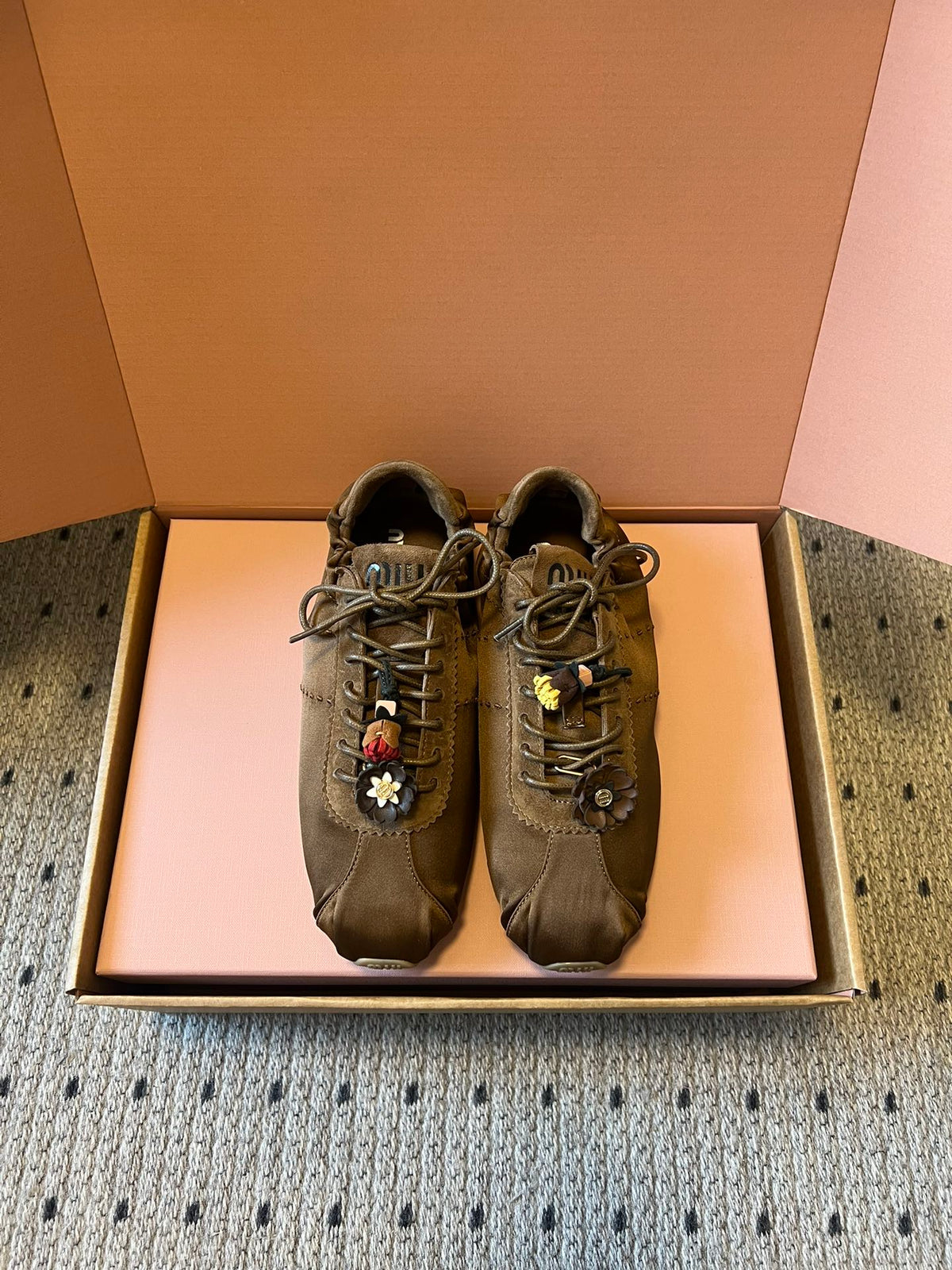 Miu Miu 2026  Plume Sneaker With Floral Charm Brown Satin 621344