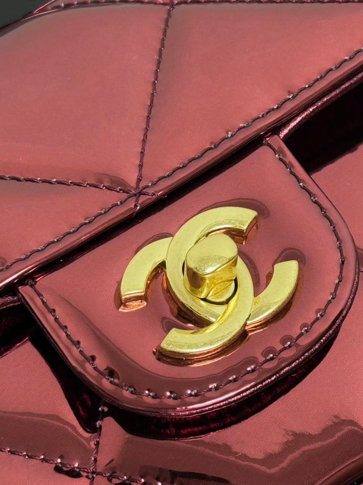 CC Large Flap Bag With Top Handle Burgundy Metallic Calfskin GHW