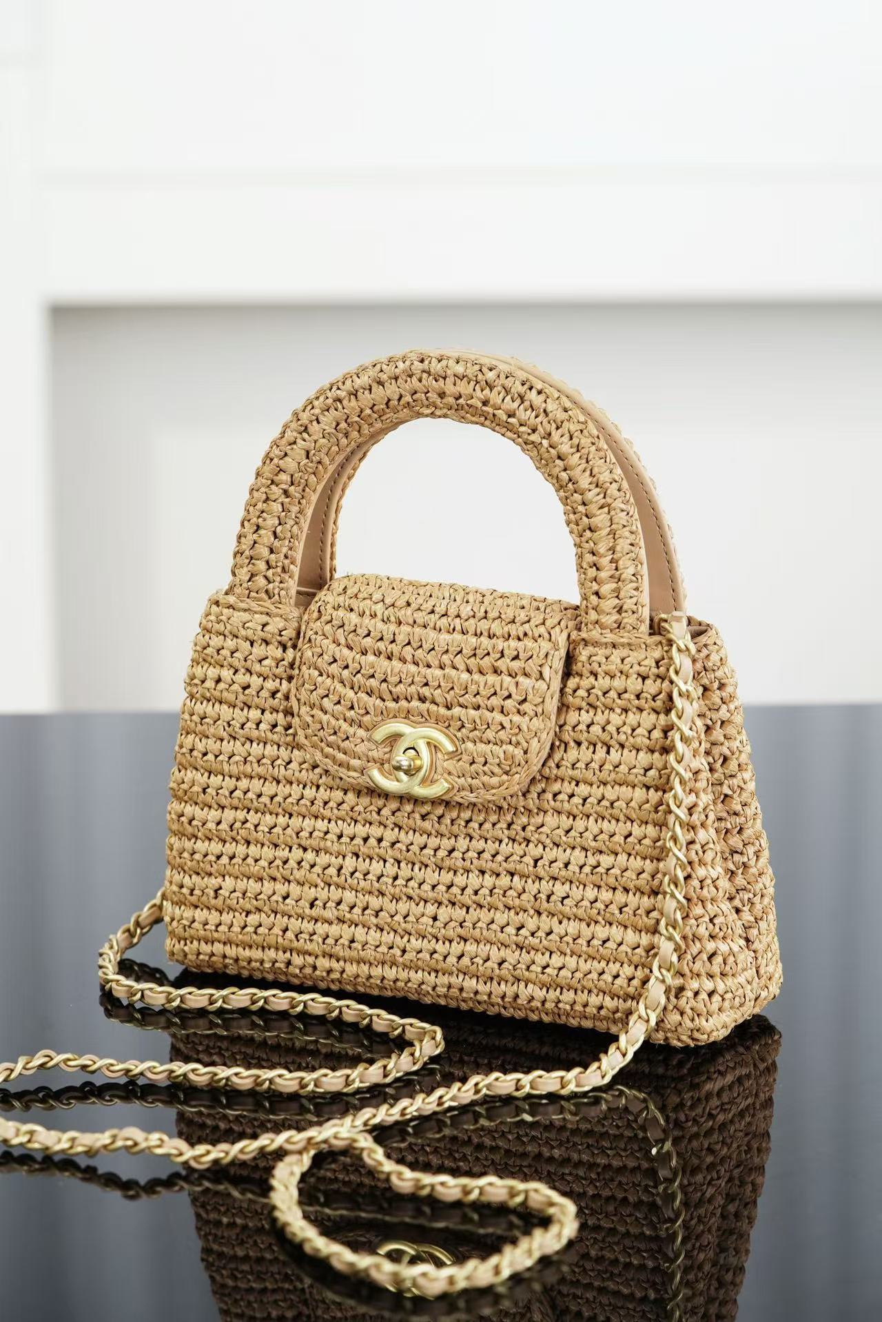 CC 26s Mini Shopping Bag Dark Beige Raffia