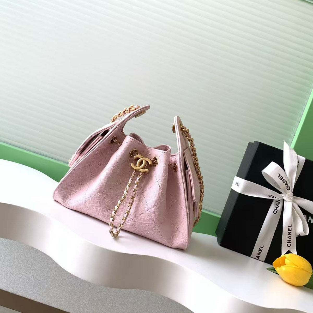 Chanel 2026 Hobo Bag 22cm Muted Pink Caviar Leather