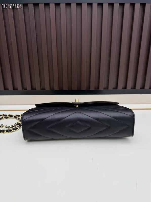 CC Large Flap Bag With Handles Black Goat Leather