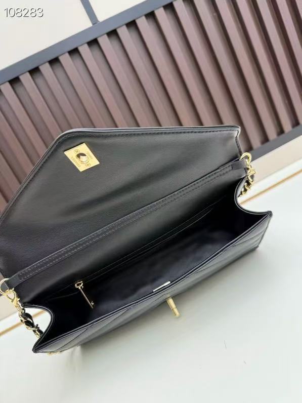 CC Large Flap Bag With Handles Black Goat Leather