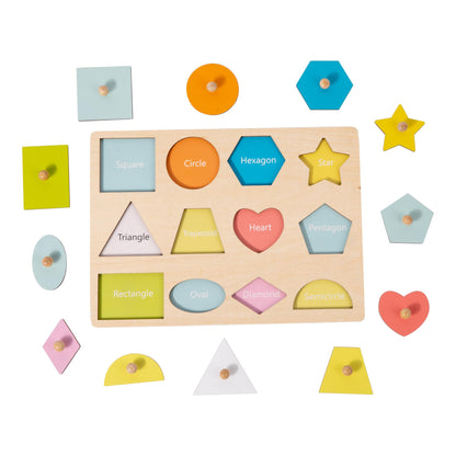 Adena Montessori Wooden Shape Peg Puzzle - 12 Multi-colored Knob Shapes for Baby & Toddler Development Toy