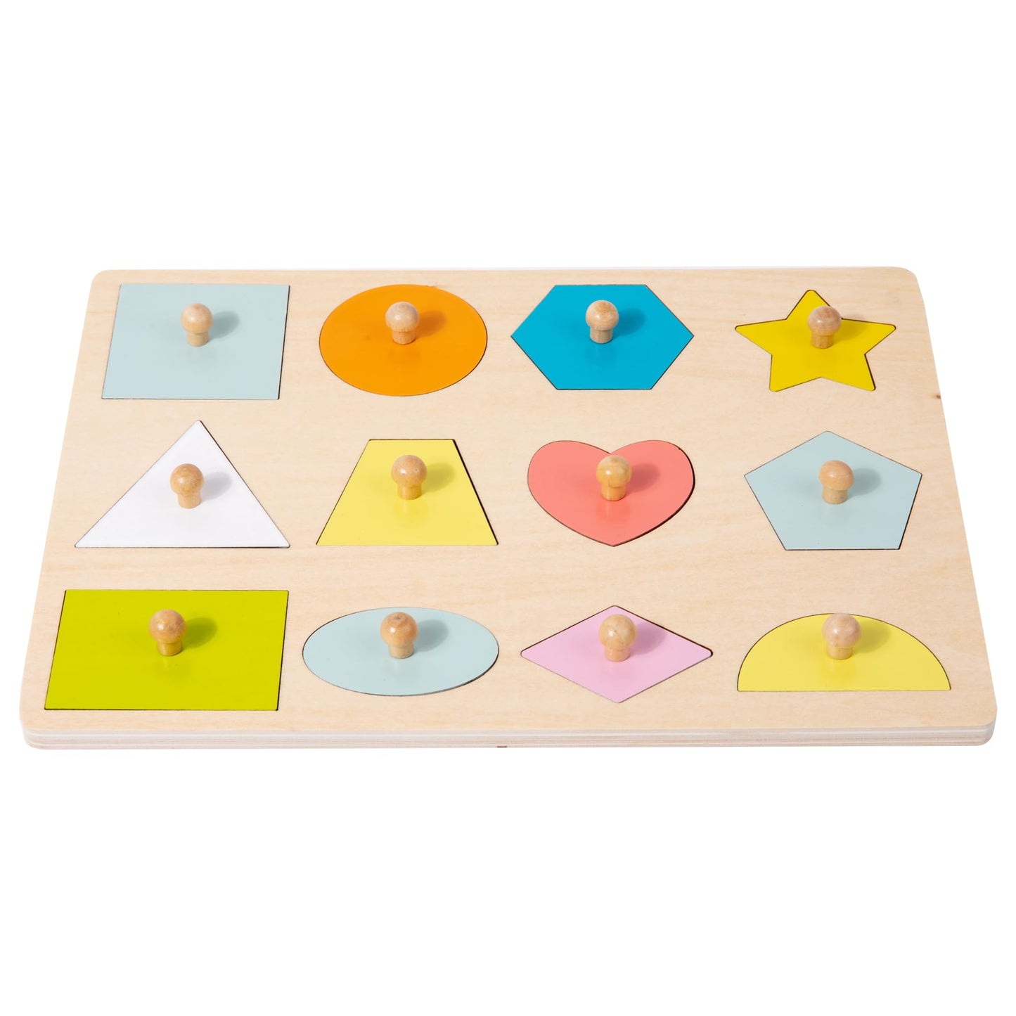 Adena Montessori Wooden Shape Peg Puzzle - 12 Multi-colored Knob Shapes for Baby & Toddler Development Toy