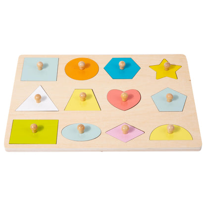 Adena Montessori Wooden Shape Peg Puzzle - 12 Multi-colored Knob Shapes for Baby & Toddler Development Toy