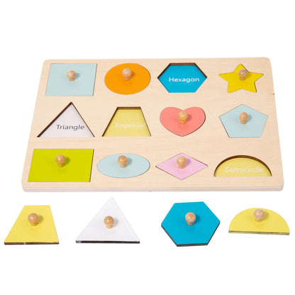 Adena Montessori Wooden Shape Peg Puzzle - 12 Multi-colored Knob Shapes for Baby & Toddler Development Toy