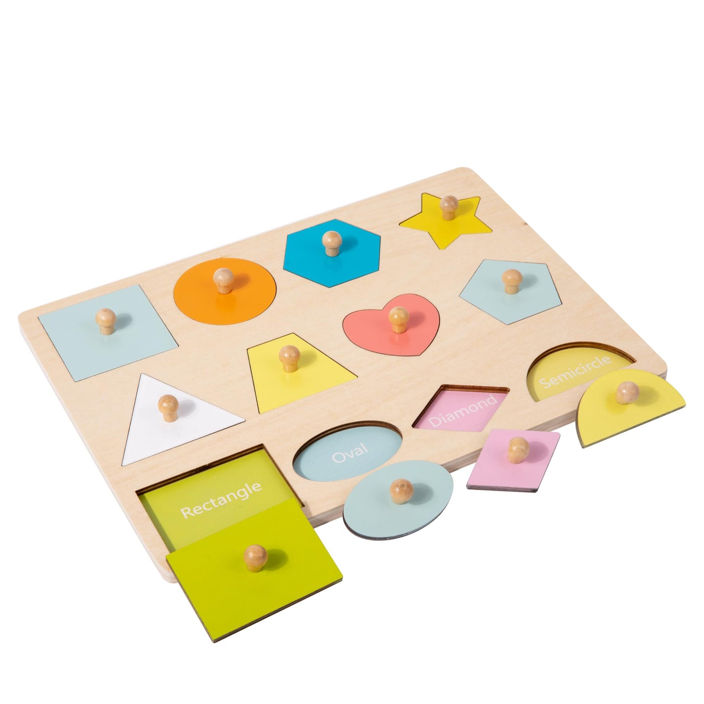 Adena Montessori Wooden Shape Peg Puzzle - 12 Multi-colored Knob Shapes for Baby & Toddler Development Toy