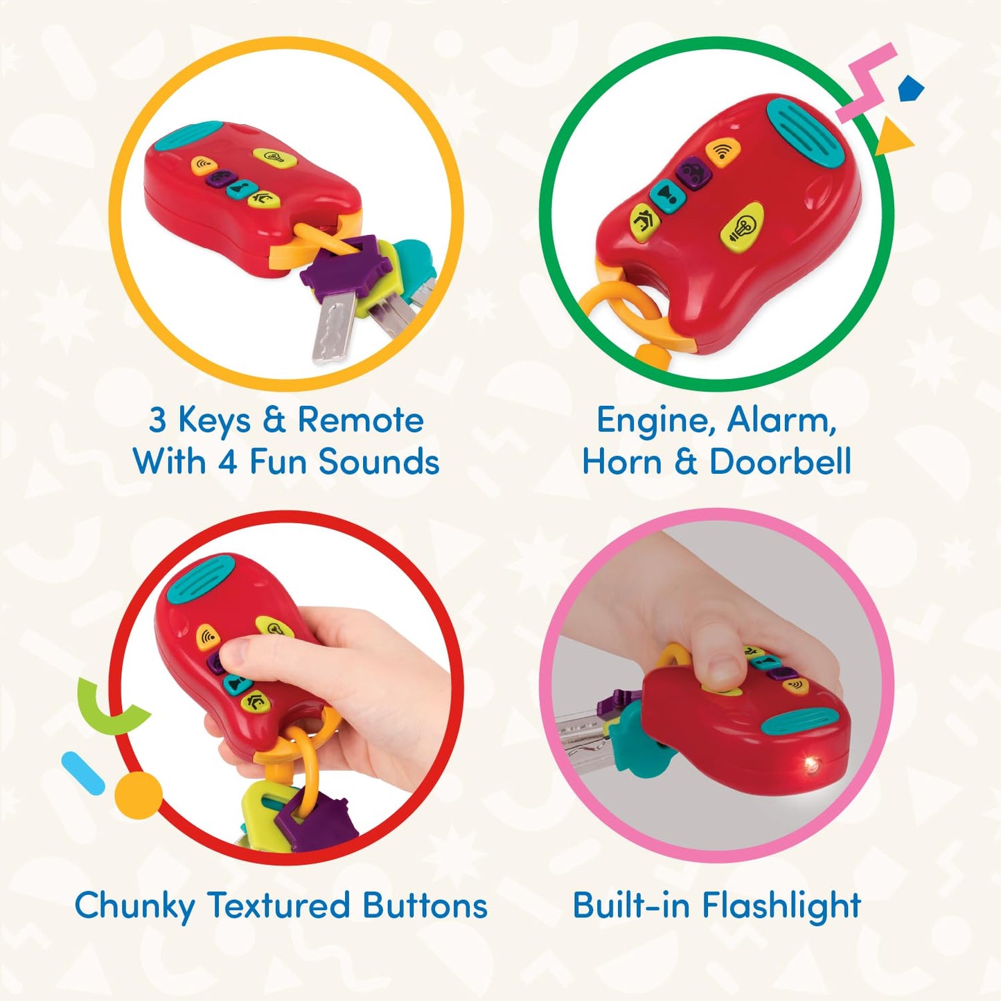 Battat Toy Car Keys Set - 3 Keys & Remote with Sounds, Mini Flashlight, Red - 6 x 1.25 x 7.5 inches, For Baby & Toddler