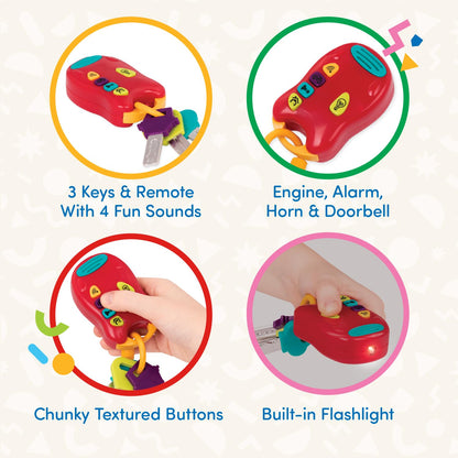 Battat Toy Car Keys Set - 3 Keys & Remote with Sounds, Mini Flashlight, Red - 6 x 1.25 x 7.5 inches, For Baby & Toddler