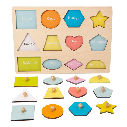 Adena Montessori Wooden Shape Peg Puzzle - 12 Multi-colored Knob Shapes for Baby & Toddler Development Toy