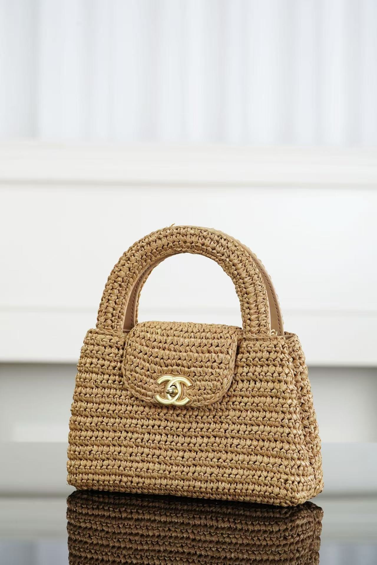CC 26s Mini Shopping Bag Dark Beige Raffia