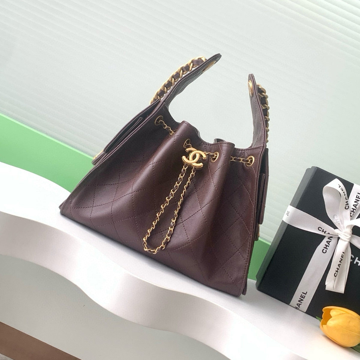 CC 25C Hobo Bag 30cm Dark Brown Grained Calfskin