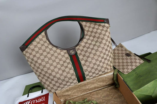 Gucci Giglio Large Tote Bag Beige and Red Denim