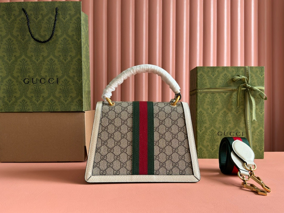 GG MINI 25 HANDBAG IN BEIGE CANVAS AND WHITE CALFSKIN