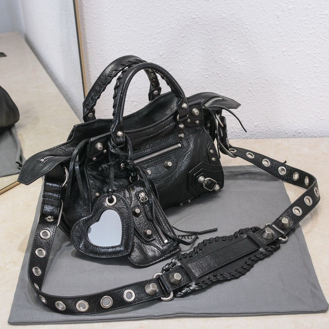 Balenciaga Neo 26cm Cagole City Handbag With Rhinestones Black Patent Calfskin