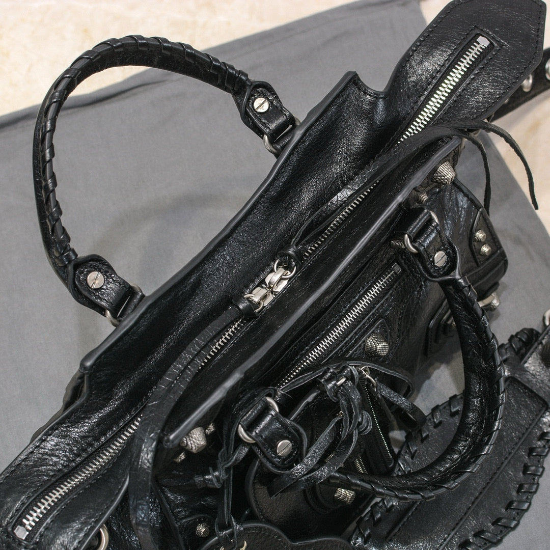 Balenciaga Neo 26cm Cagole City Handbag With Rhinestones Black Patent Calfskin