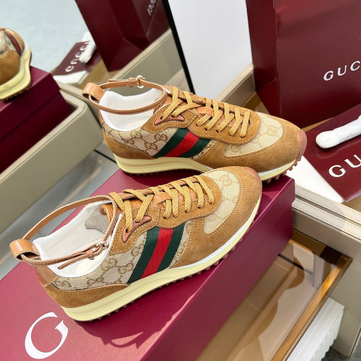 GG Sneakers In Brown And Beige Canvas Mix Suede