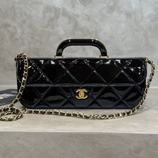 CC 25K Large Flap Bag with Top Handle Chain Strap Black Patent Calfskin GHW