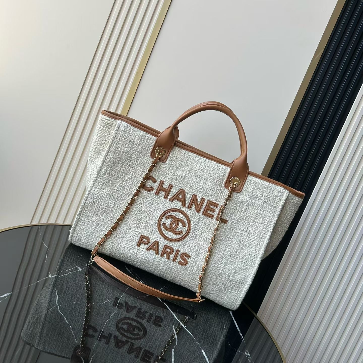 CC Deauville Tote Bag White Brown Canvas & Calfskin