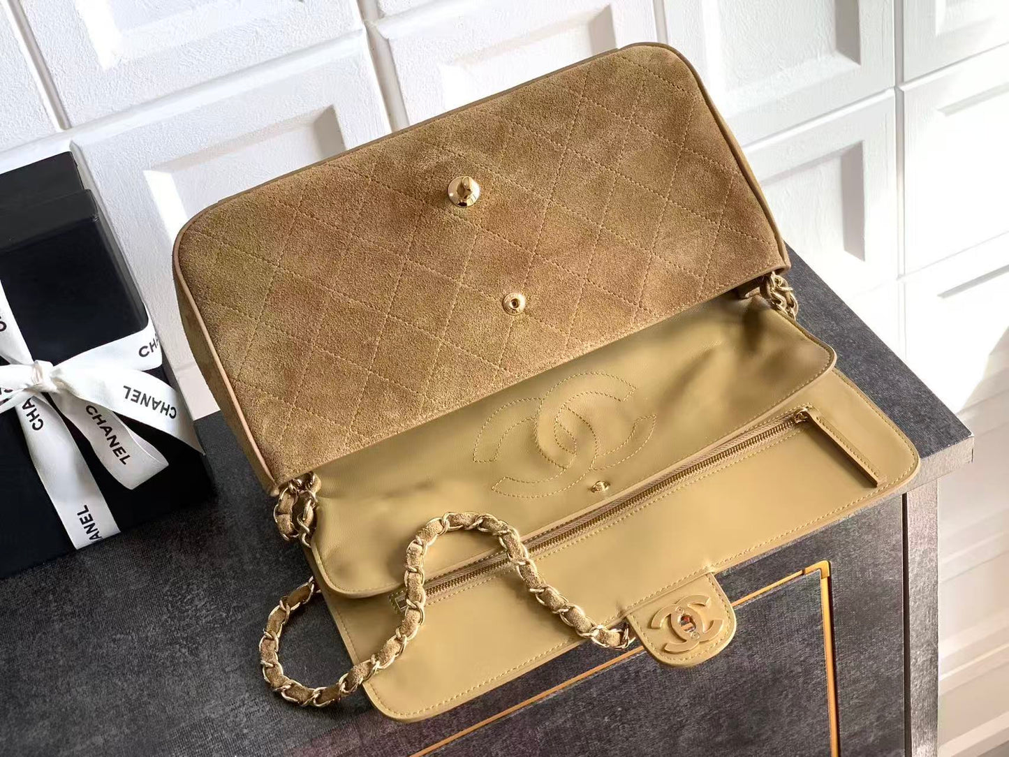 Chanel 2026 Maxi Flap Bag 32cm Beige Suede Calfskin