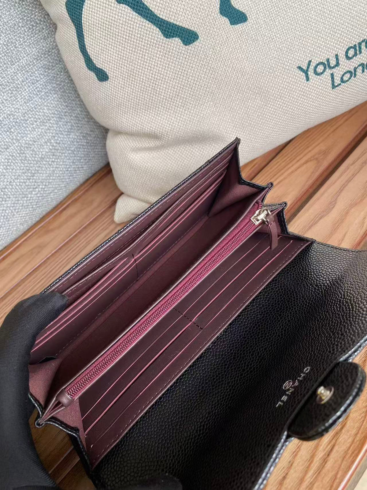 CC Classic Long Flap Wallet Black Quilted Caviar Sliver Buckle