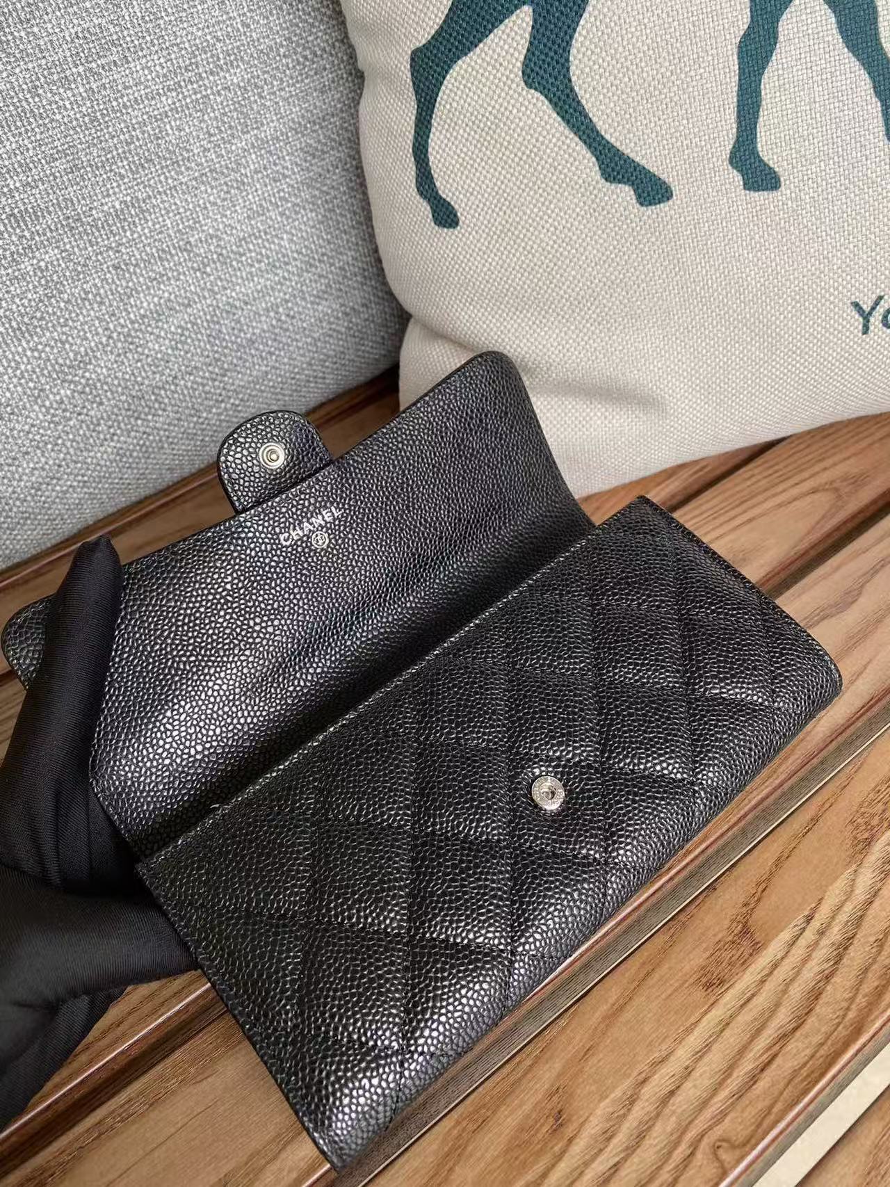 CC Classic Long Flap Wallet Black Quilted Caviar Sliver Buckle