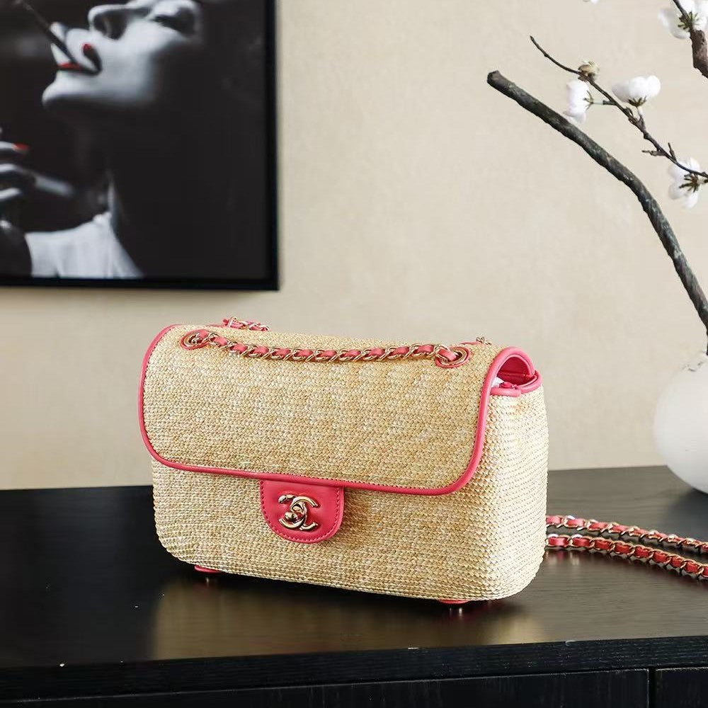 CC 25/26 Smal Flap Bag 23cm Beige Pink Straw Lambskin