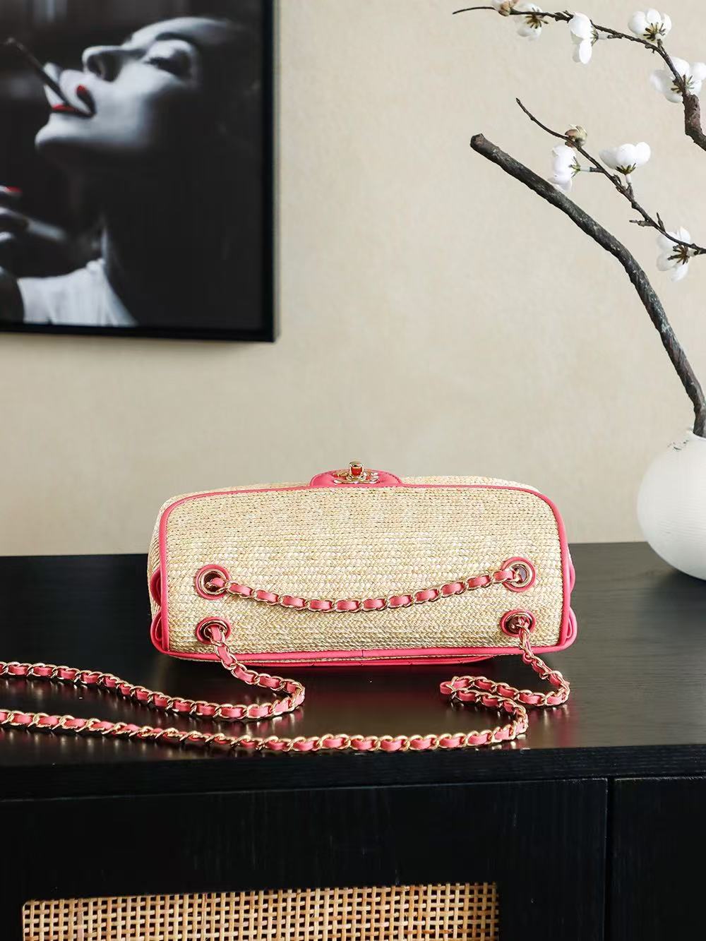 CC 25/26 Smal Flap Bag 23cm Beige Pink Straw Lambskin