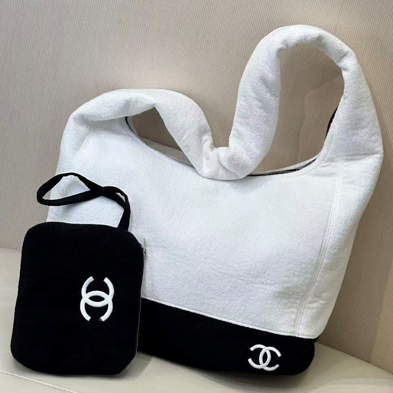 CC 2026 Beach Bag White Black Cotton (Bag+Small Bag+Towel)