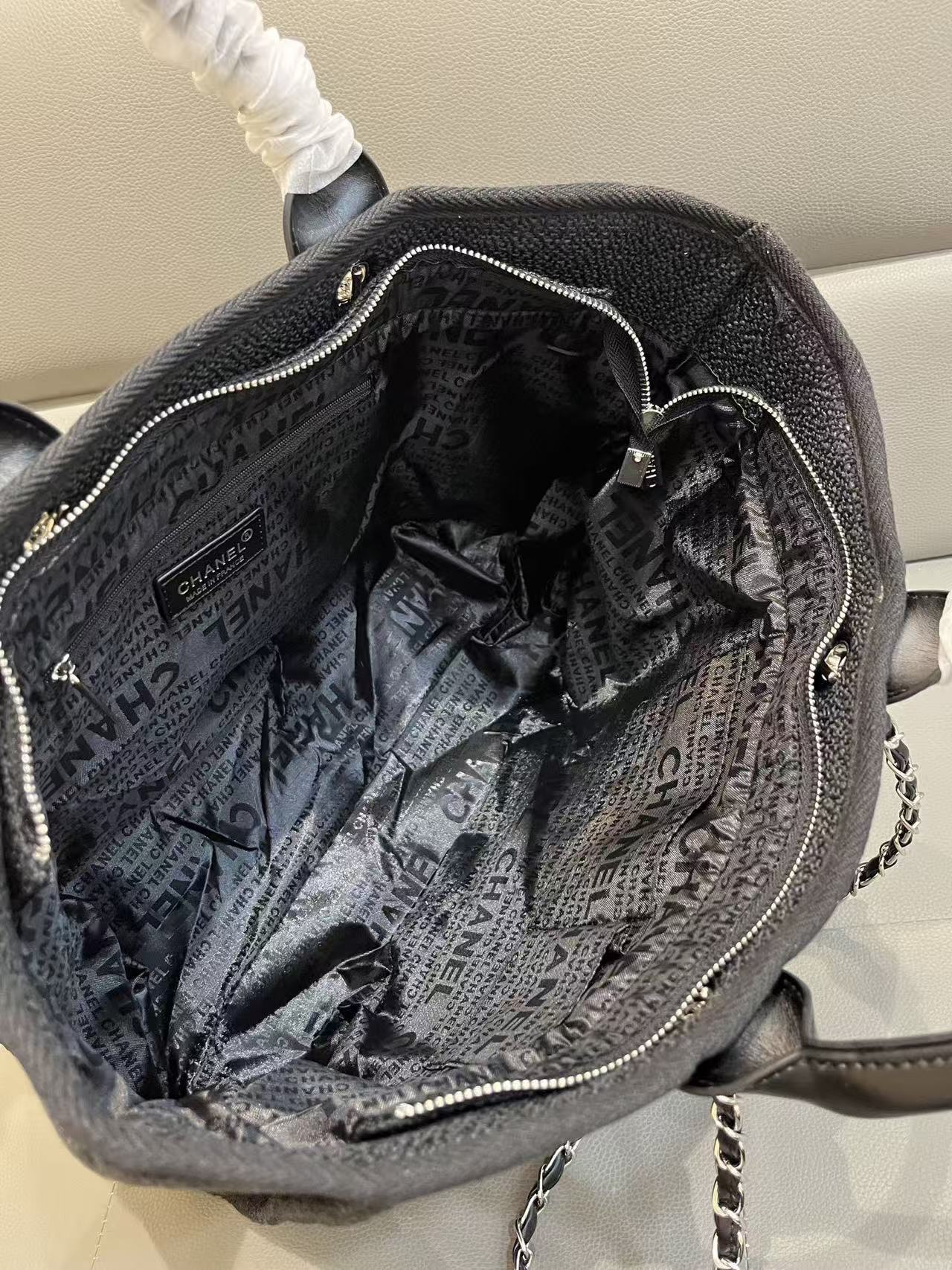 CC Deauville Tote Bag White Lettering Chain Strap 38cm Black Denim