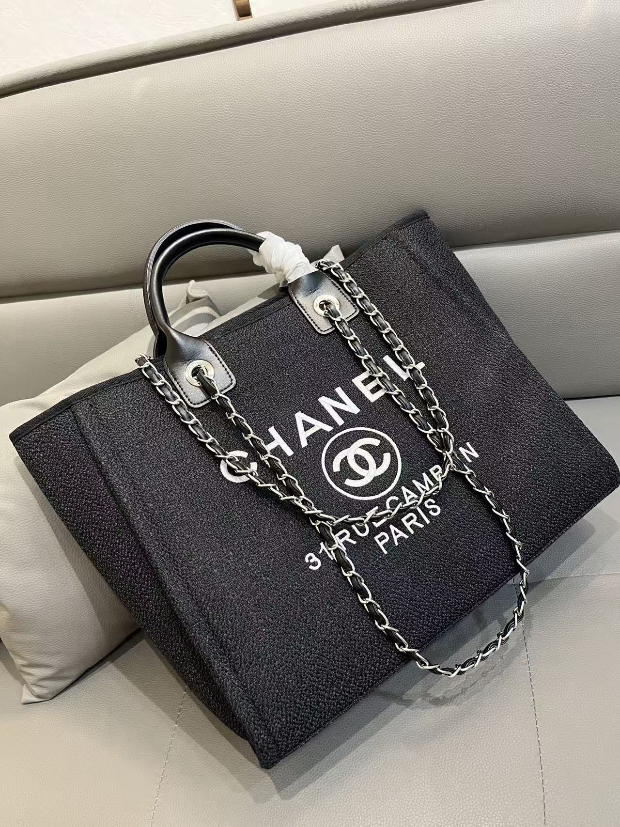 CC Deauville Tote Bag White Lettering Chain Strap 38cm Black Denim