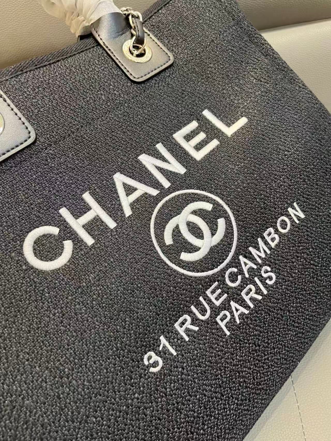 CC Deauville Tote Bag White Lettering Chain Strap 38cm Black Denim