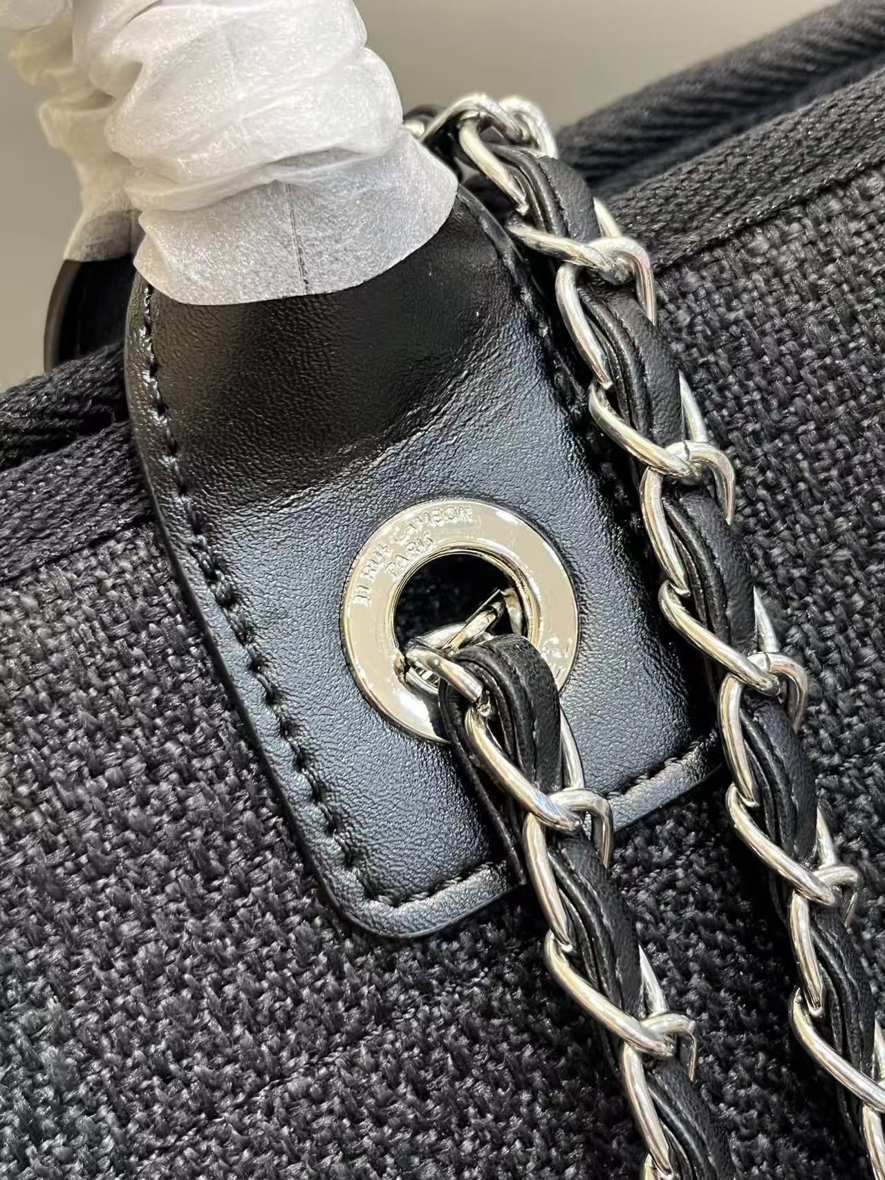 CC Deauville Tote Bag White Lettering Chain Strap 38cm Black Denim
