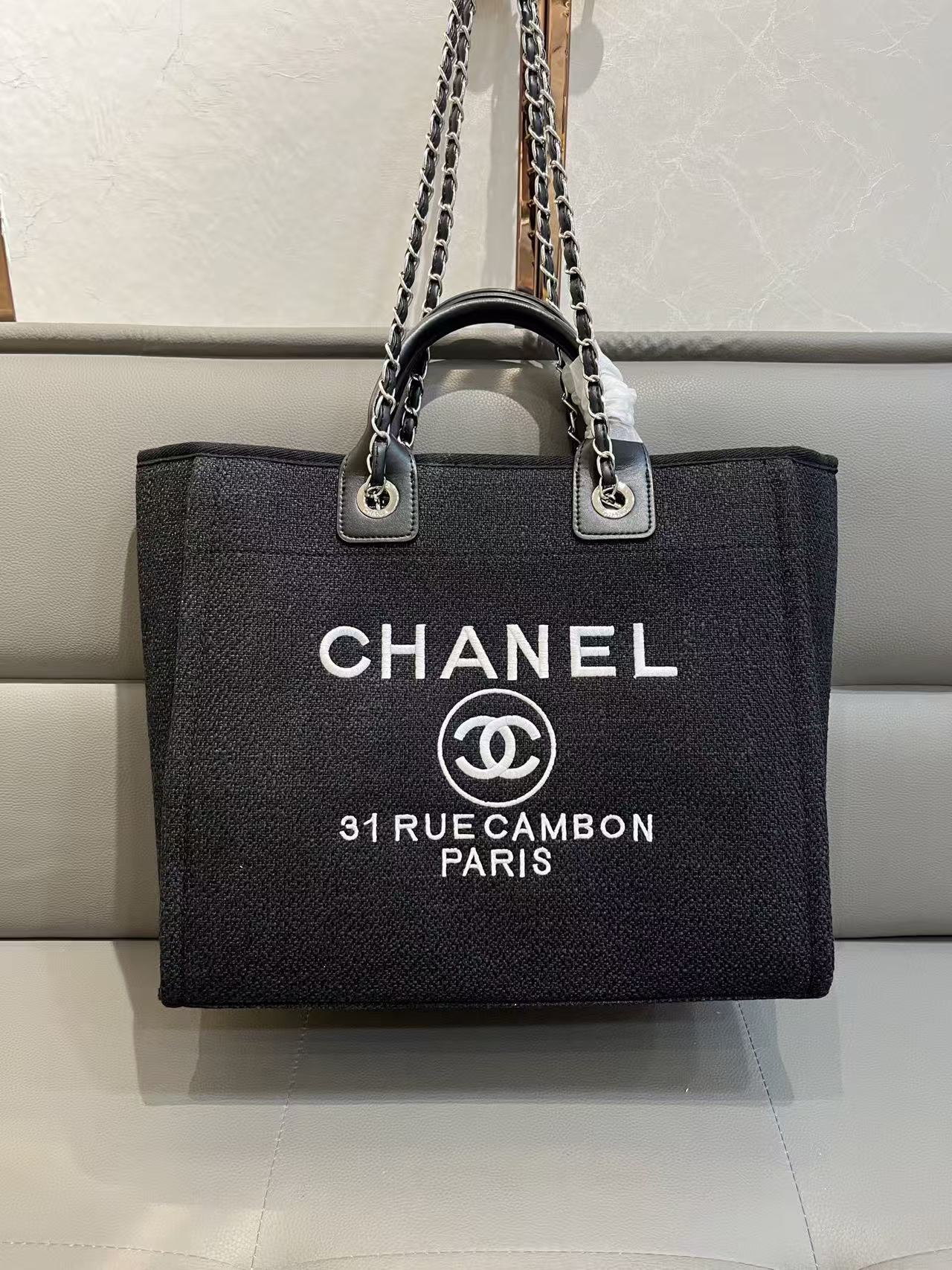 CC Deauville Tote Bag White Lettering Chain Strap 38cm Black Denim