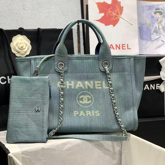 CC Large Deauville Shopping Tote Bag Blue Denim